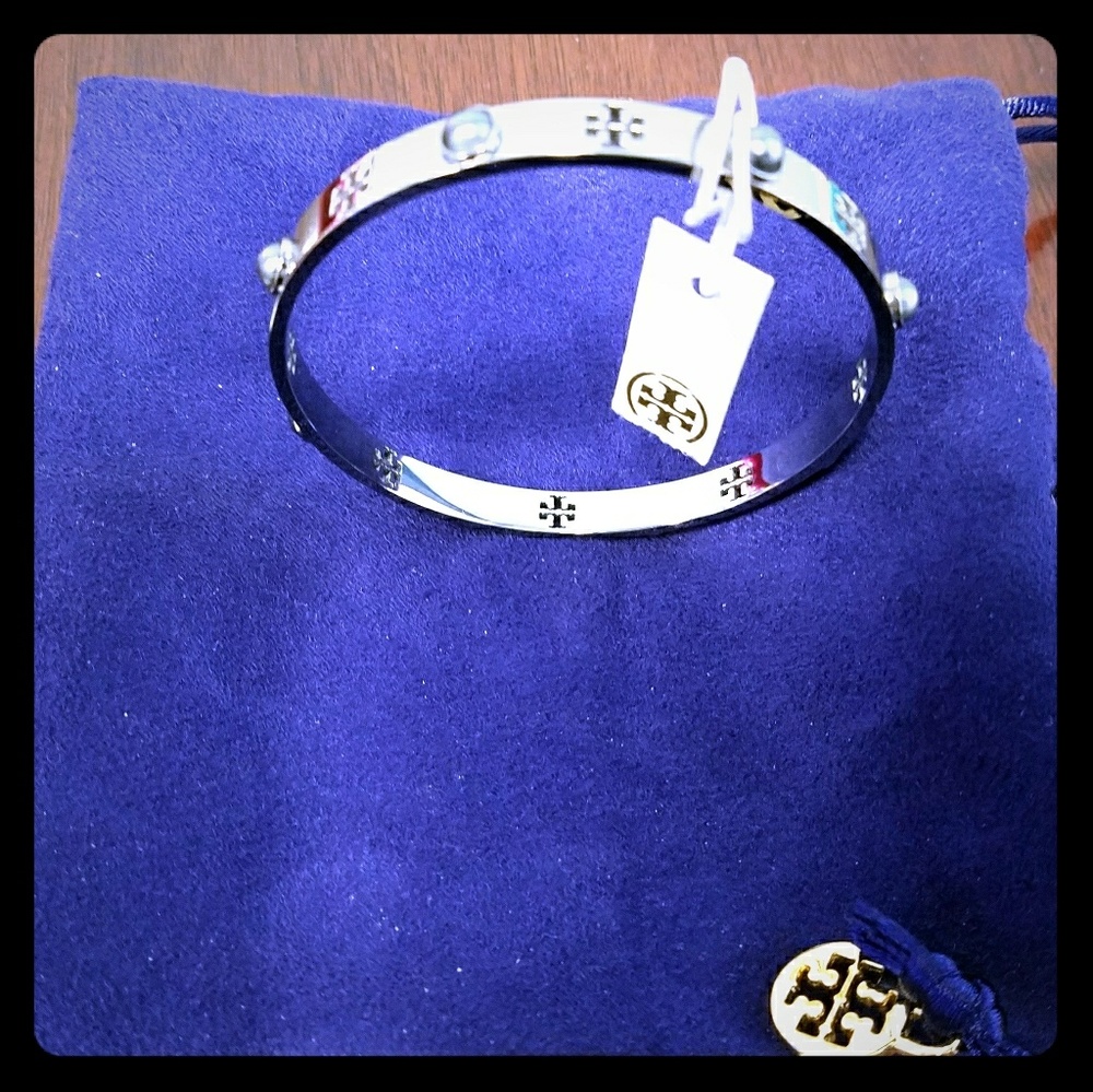 Tory Burch Pierced T Pearl Bangle Bracelet